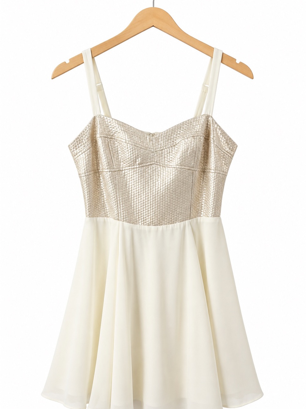Express Cream Chiffon Mini Dress Size 8 Metallic Gold Bodice Party Cocktail - Picture 11 of 11